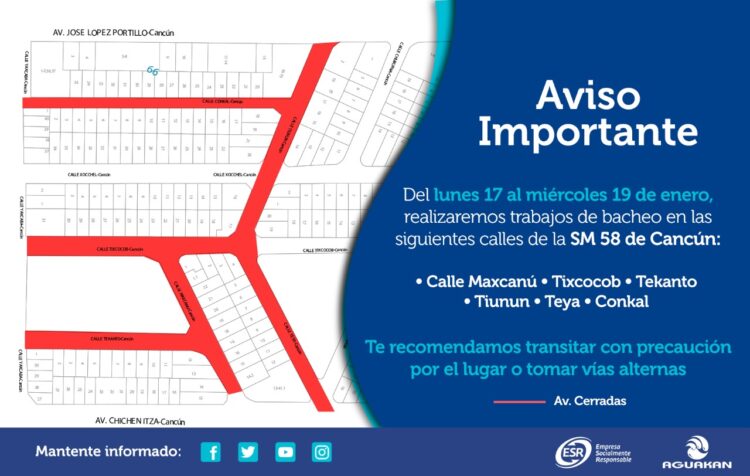 Aguakán reparará calles en las supermanzanas 58 y 59 de Cancún