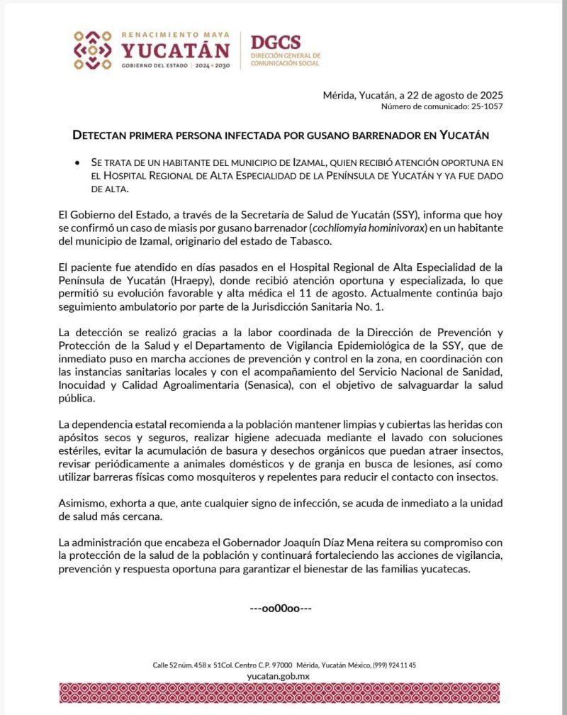Detectan primera persona infectada por gusano barrenador en Yucatán