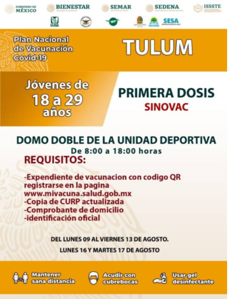 El lunes inicia la aplicación de vacunas para jóvenes de 18 a 29 años en Tulum