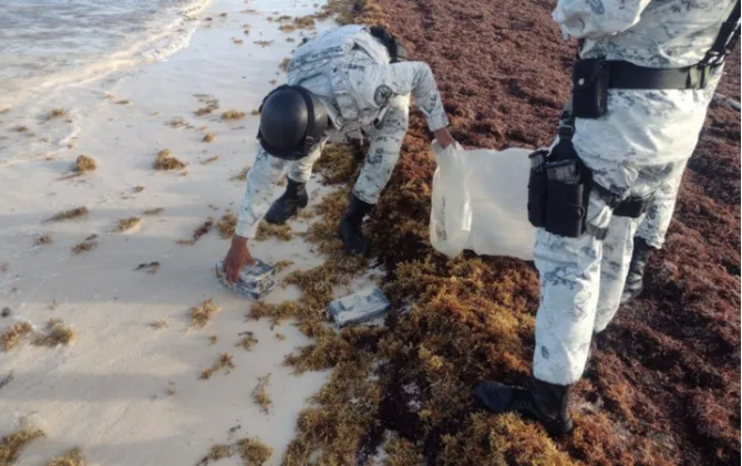 Guardia Nacional descubre paquetes de cocaína entre sargazo