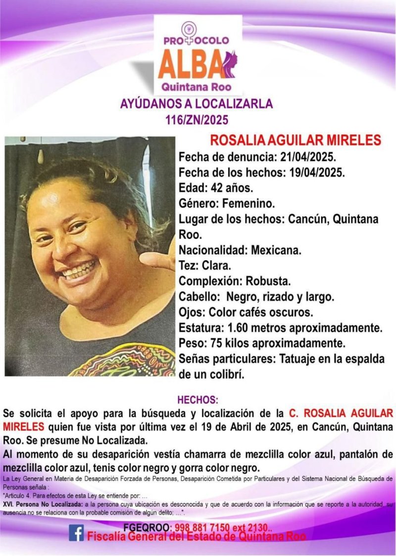 La periodista Rosalía Aguilar Mireles, radicada en Cancún, ha sido reportada como desaparecida en esta ciudad.