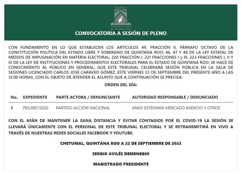 El Tribunal Electoral de Quintana Roo te invita a la Sesión de Pleno convocada para el 23 de septiembre de 2022 a las 12:00 horas, la cual podrás visualizar en #vivo a través de nuestro Face Live y Canal de YouTube.