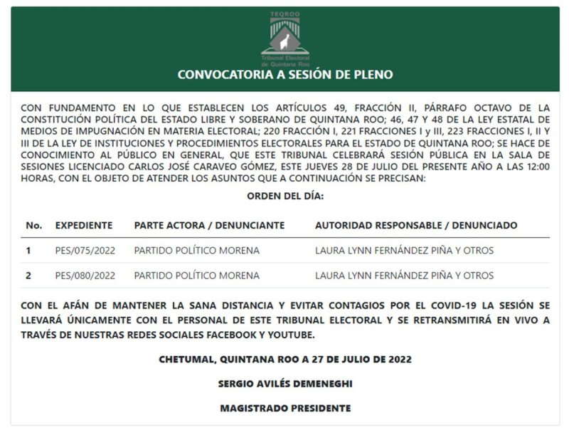 Tribunal Electoral de Quintana Roo te invita a la Sesión de Pleno convocada para el 28 de julio