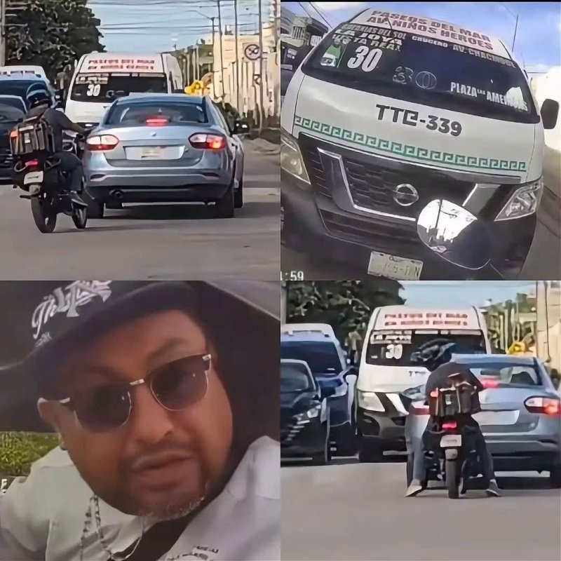 Chofer de combi invade carril contrario y entra en conflicto con motociclista en Cancún